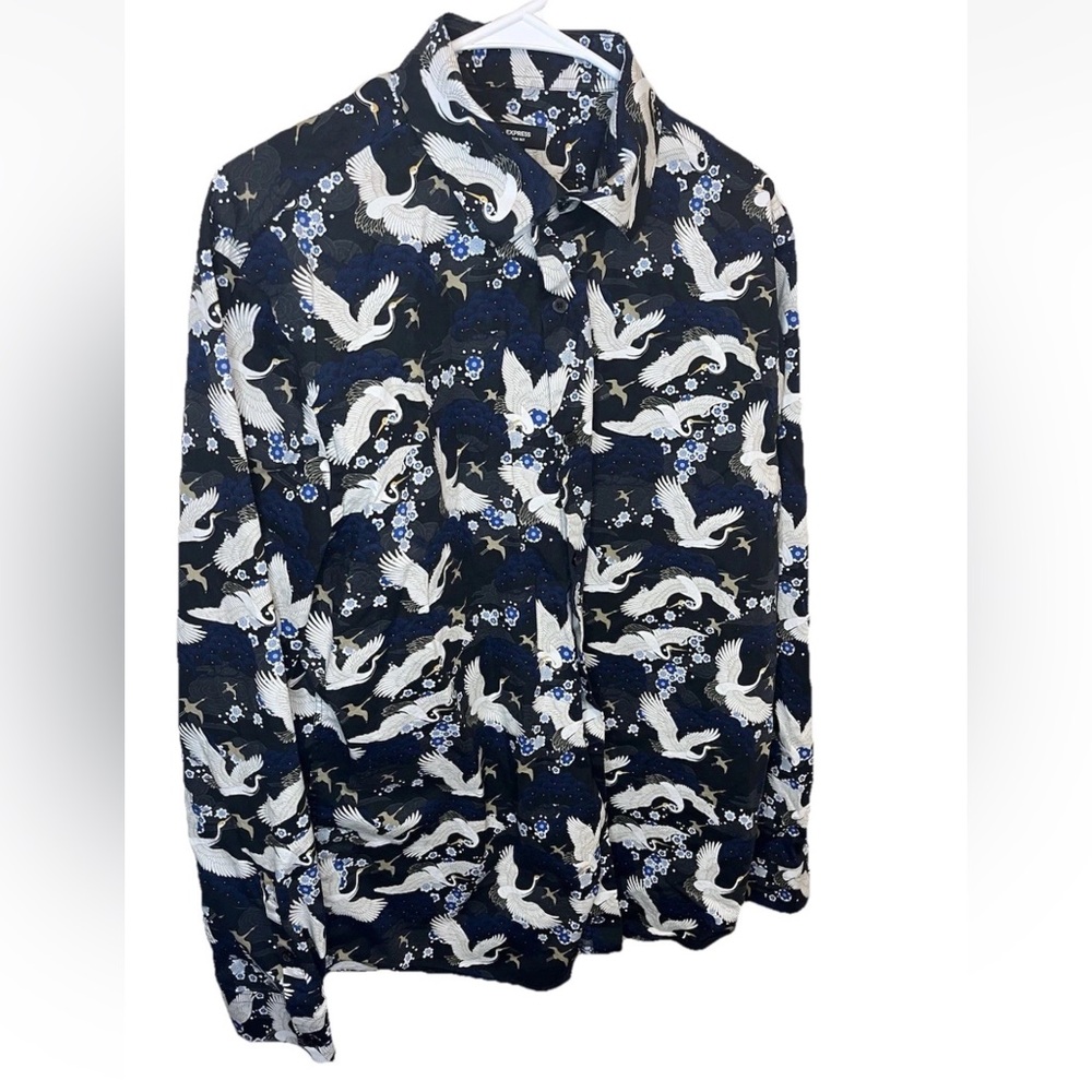 Express Mens Slim 1MX Long Sleeve Black Blue Crane Birds Shirt Button Up Size L - Picture 2 of 8